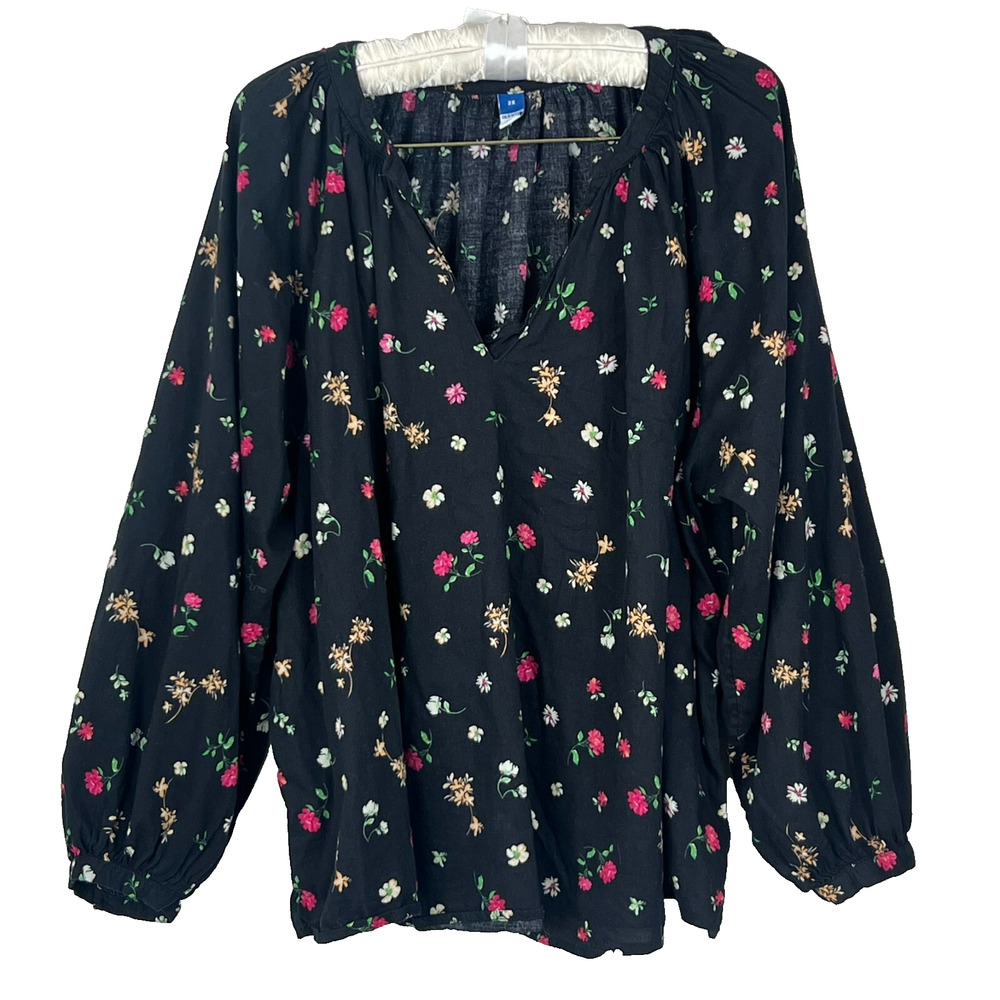 Old Navy Blouse Top Women's Size 2X Black Multicolored Floral Boho Oversized